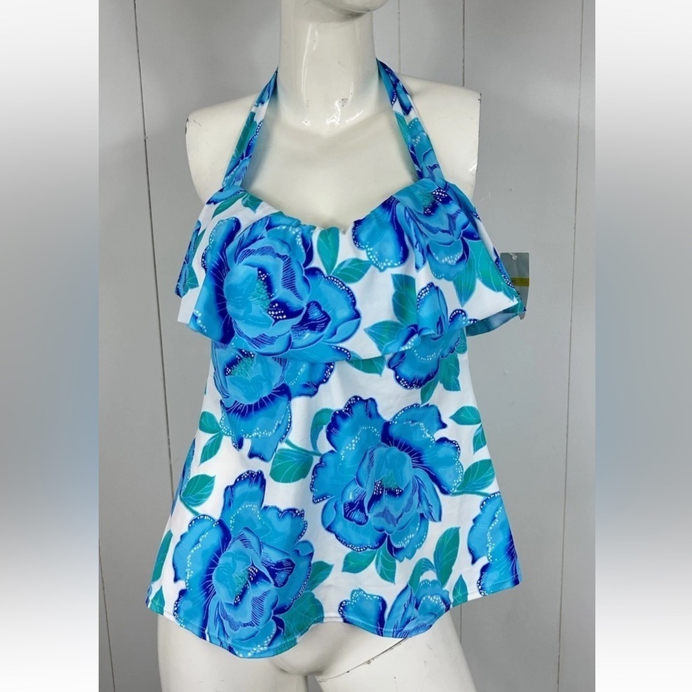 NEW Kim Rogers Swim Sz M Aqua /White Tankini Ruffle Top Lightly Padded Halter